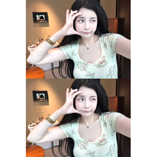 CHANGE MISS 嗲欲可爱兔子印花u领上衣显cup短袖 野见花兔