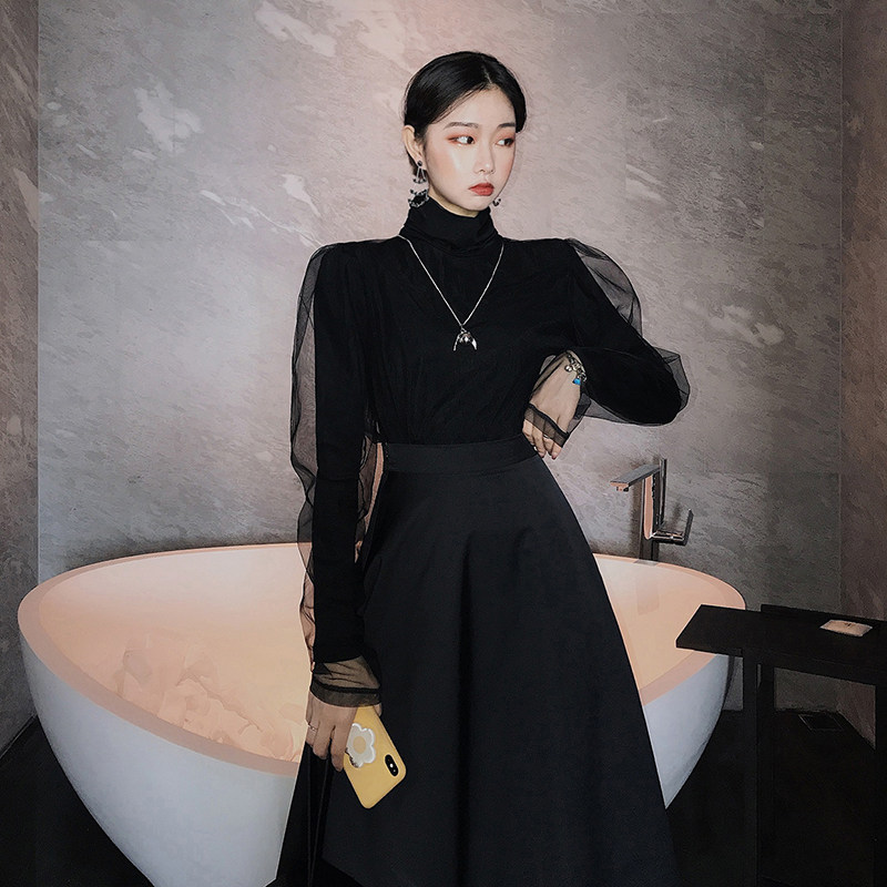 早秋气质上衣女2020秋季仙女百搭显瘦拼欧根纱蕾丝衫打底雪纺小衫