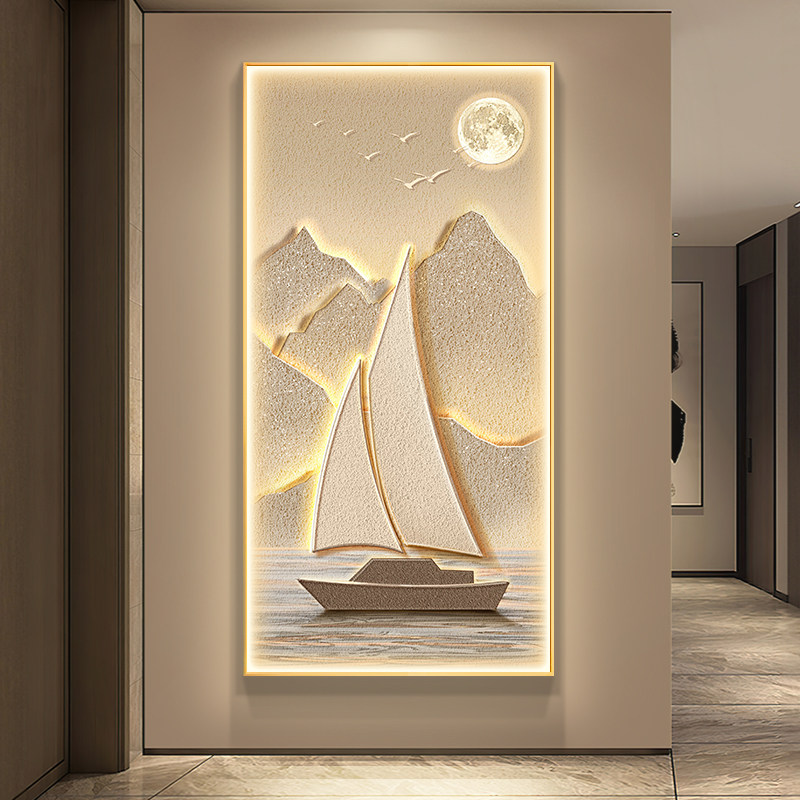 一帆风顺现代轻奢玄关装饰画高档山水走廊过道挂画入户正对门壁画