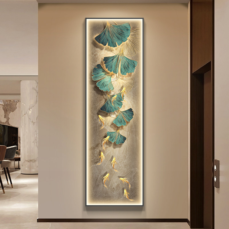 九鱼图玄关装饰画 画现代轻奢入户门走廊过道壁画 画竖版长条银杏