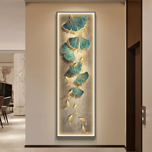 九鱼图玄关装饰画 画现代轻奢入户门走廊过道壁画 画竖版长条银杏