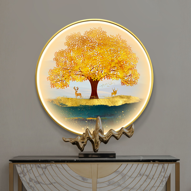 轻奢入户玄关装饰画现代大气麋鹿圆形灯画餐厅走廊过道发财树挂画图片