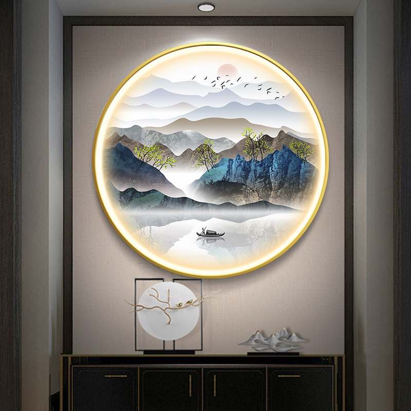 新中式圆形灯画玄关装饰画发光带灯客厅走廊过道现代山水书房挂画图片