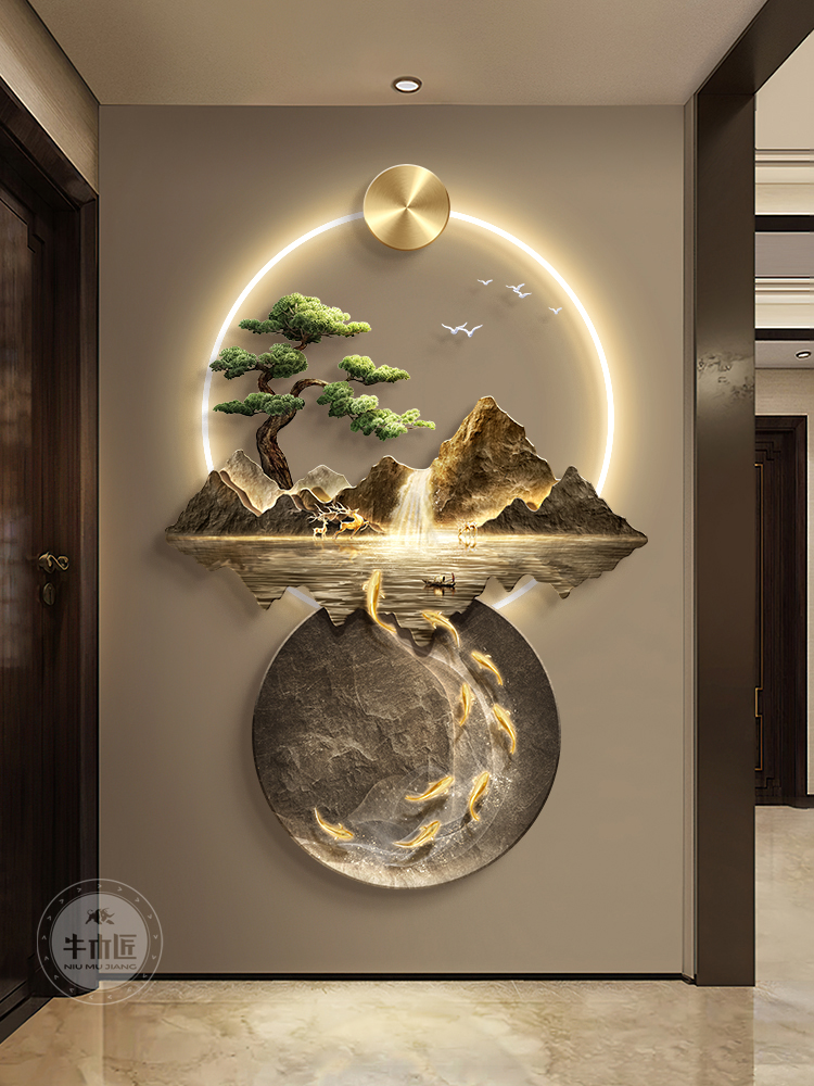 Flowing water brings wealth, new Chinese-style entrance decorative painting, atmospheric landscape corridor, aisle hanging painting, entrance to the door, mural lamp