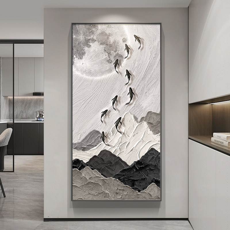 九鱼图玄关装饰画现代简约入户门走廊过道挂画黑白抽象高级感壁画,家居饰品,现代装饰画,淘宝优惠券,粉丝福利购,淘宝优惠卷