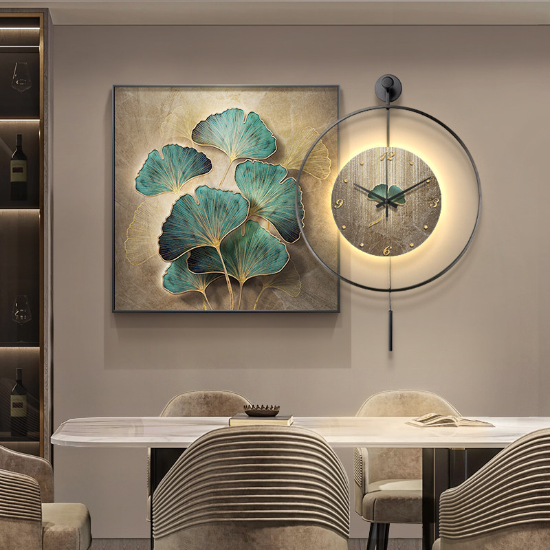 银杏叶餐厅装饰画轻奢高级感餐桌背景墙挂钟简约现代客厅时钟壁画,家居饰品,现代装饰画,淘宝优惠券,粉丝福利购,淘宝优惠卷