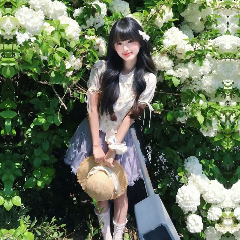 温柔风紫色穿搭一整套夏日甜美碎花泡泡袖衬衫网纱蓬蓬短裙两件套