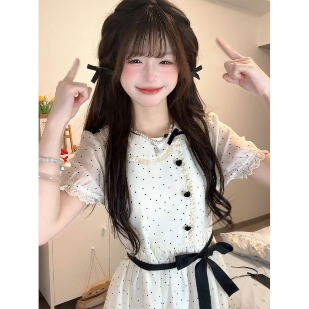 可爱复古波点连衣裙女夏季娃娃领小个子甜美仙女温柔风初恋长裙
