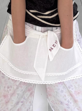 韩系NEU秋季新款小众刺绣初恋百搭少女系带围裙蕾丝花边叠穿裙帘