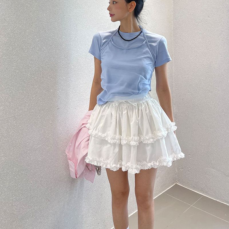 韩国东大门INS白色蕾丝花边蓬蓬蛋糕短裙女松紧腰木耳边半身裙裤