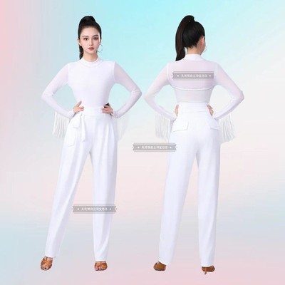 广场舞新款裤子高腰白色舞蹈裤小个子摩登舞交谊舞拉丁舞小脚裤