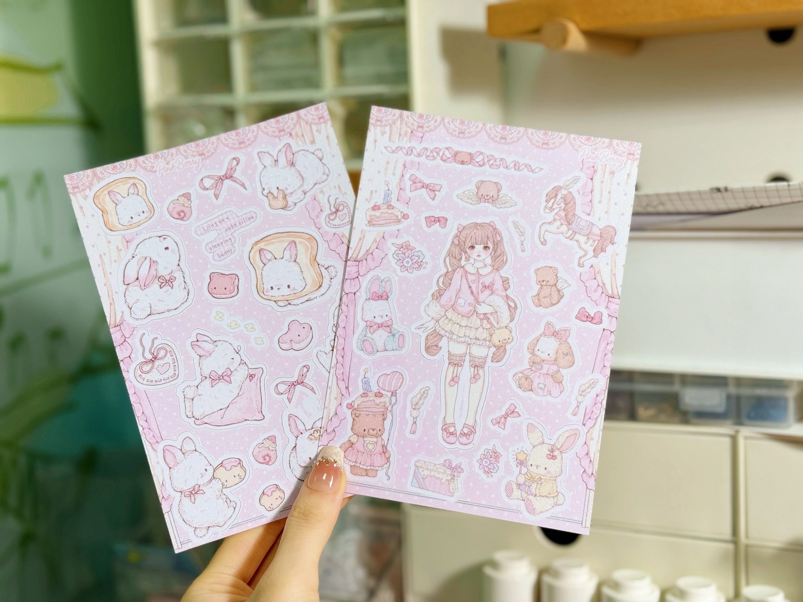 Pink berry原创可爱少女&兔兔DIY手账咕卡装饰手帐闪砂