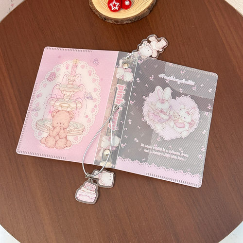 Pink berry原创设计天使兔熊A7斜纹活页壳pp材质二折手帐小卡本
