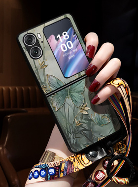 适用oppofindn2flip手机壳新款蝴蝶findn3flip保护套中国风Find N2 Flip小折叠屏高级感男女挂绳指环网红绿色