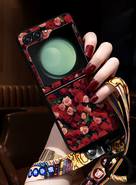 适用三星zflip5手机壳新款Galaxy ZFlip4保护套国风w24小折叠屏高级感zflip6玫瑰花女25挂绳网红色潮情侣指环