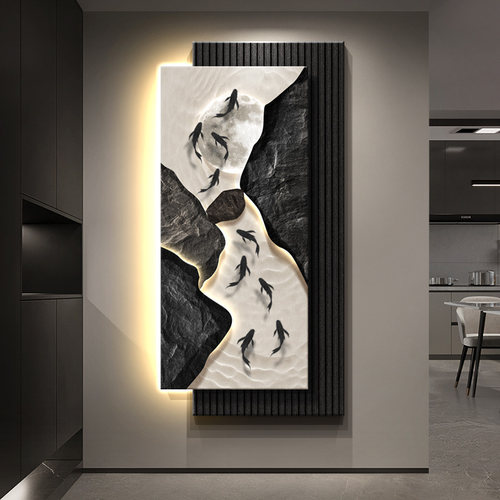 玄关装饰画过道梯间挂画小夜灯画现代简约壁画九鱼取聚财寓意好画