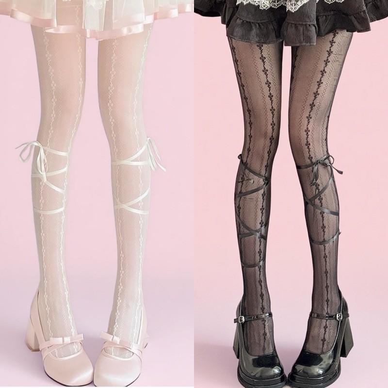 奶白色芭蕾风蝴蝶lolita连裤袜子