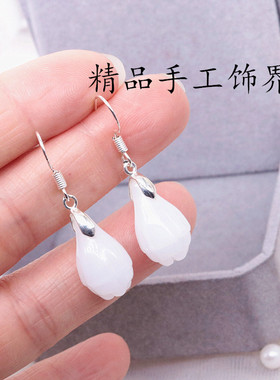 复古白玉兰花纯银耳环