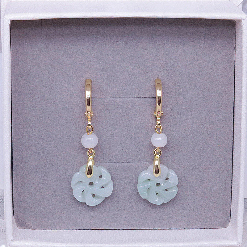 翡翠耳坠中长款天然玉石雕刻镂空小花耳环14k包金耳扣s925银耳钩