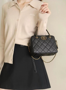 25C小香风编制手提相机包高级感羊皮菱格链条保龄球包单肩斜挎包