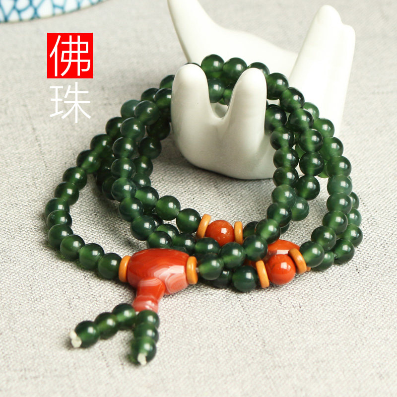 听玉缘岫玉佛珠手链 岫岩玉岫玉180料佛珠手串 瓶底绿108粒带证书