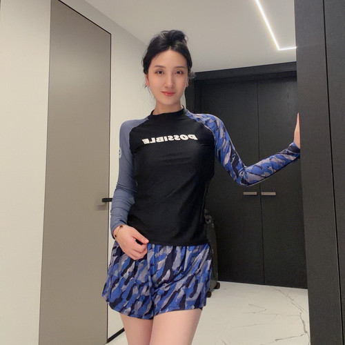 笑姐家【迷彩蓝AB袖分体】大码分体两件套度假沙滩冲浪潜水泳衣女