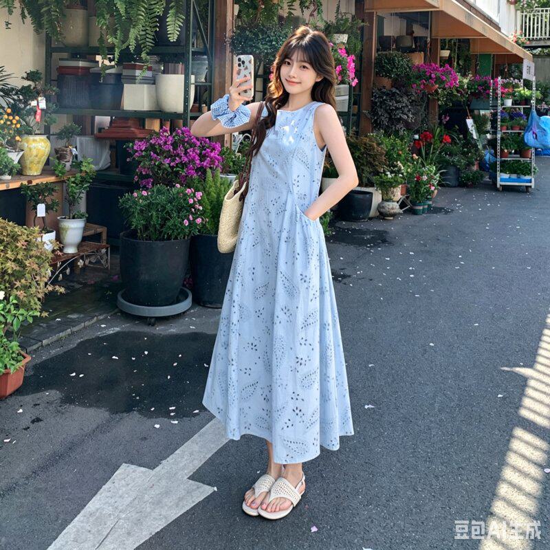 浅蓝色镂空刺绣无袖连衣裙女夏季连衣裙