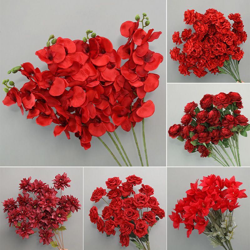 新品婚庆红色花材仿真花玫瑰绣球