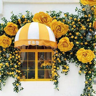 黄色玫瑰藤条橱窗装饰仿真花假花向日葵背景墙布置网红打卡造景