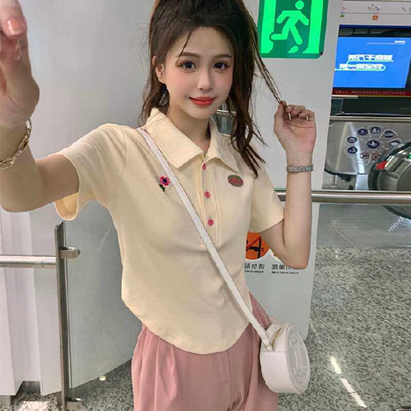 2026夏季新款宽松polo领纯棉绣花朵刺绣上衣女甜辣短款短袖T恤潮