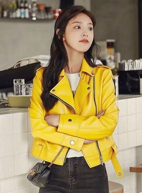 退货包运费海宁春秋小香风外套短款黄色绵羊皮真皮皮衣章若楠同款