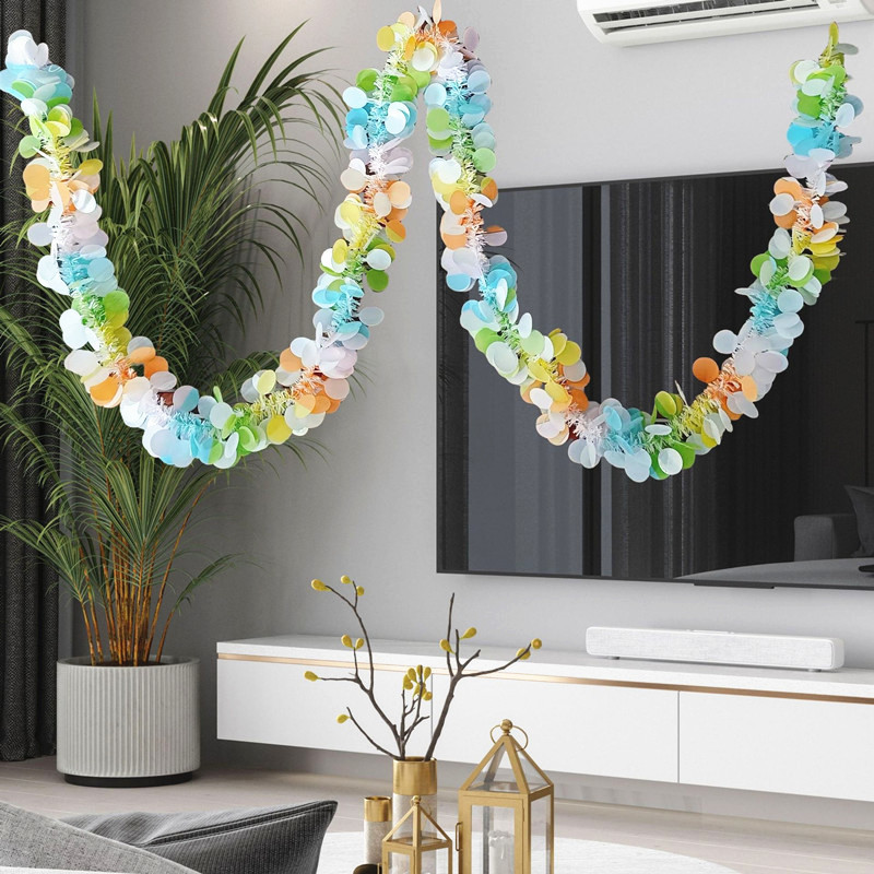 马卡龙毛条拉花彩条元旦节生日派对商场店铺幼儿园装饰布置拉旗