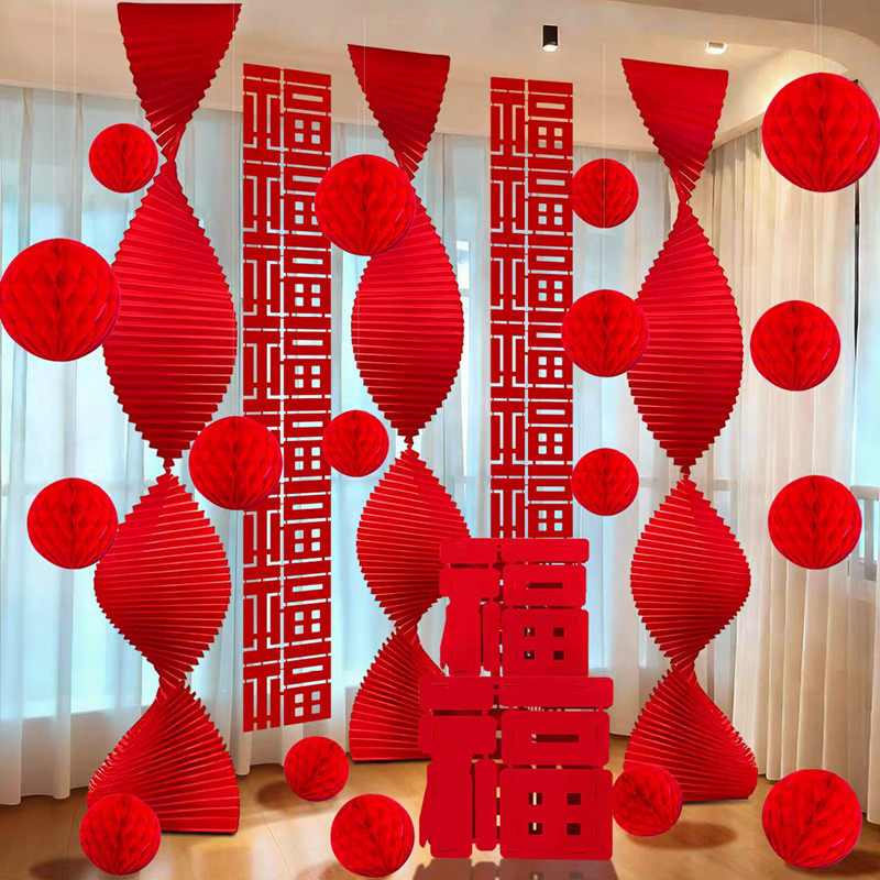红色灯笼福字串波浪长条折纸瓦楞纸新年春节客厅商场装饰布置挂饰
