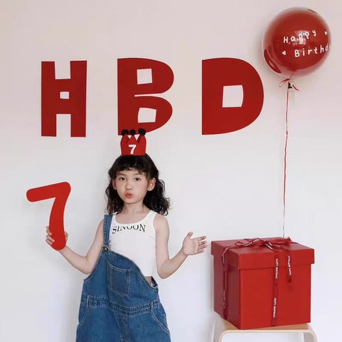 儿童生日派对装饰红色HBD数字墙贴气球帽子头饰宝宝周岁场景布置