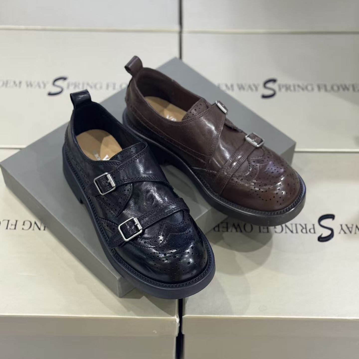 诗路花语V6英伦风布洛克乐福鞋女2026春季新款真皮双扣带通勤单鞋,女鞋,乐福鞋（豆豆鞋）,淘宝优惠券,粉丝福利购,淘宝优惠卷