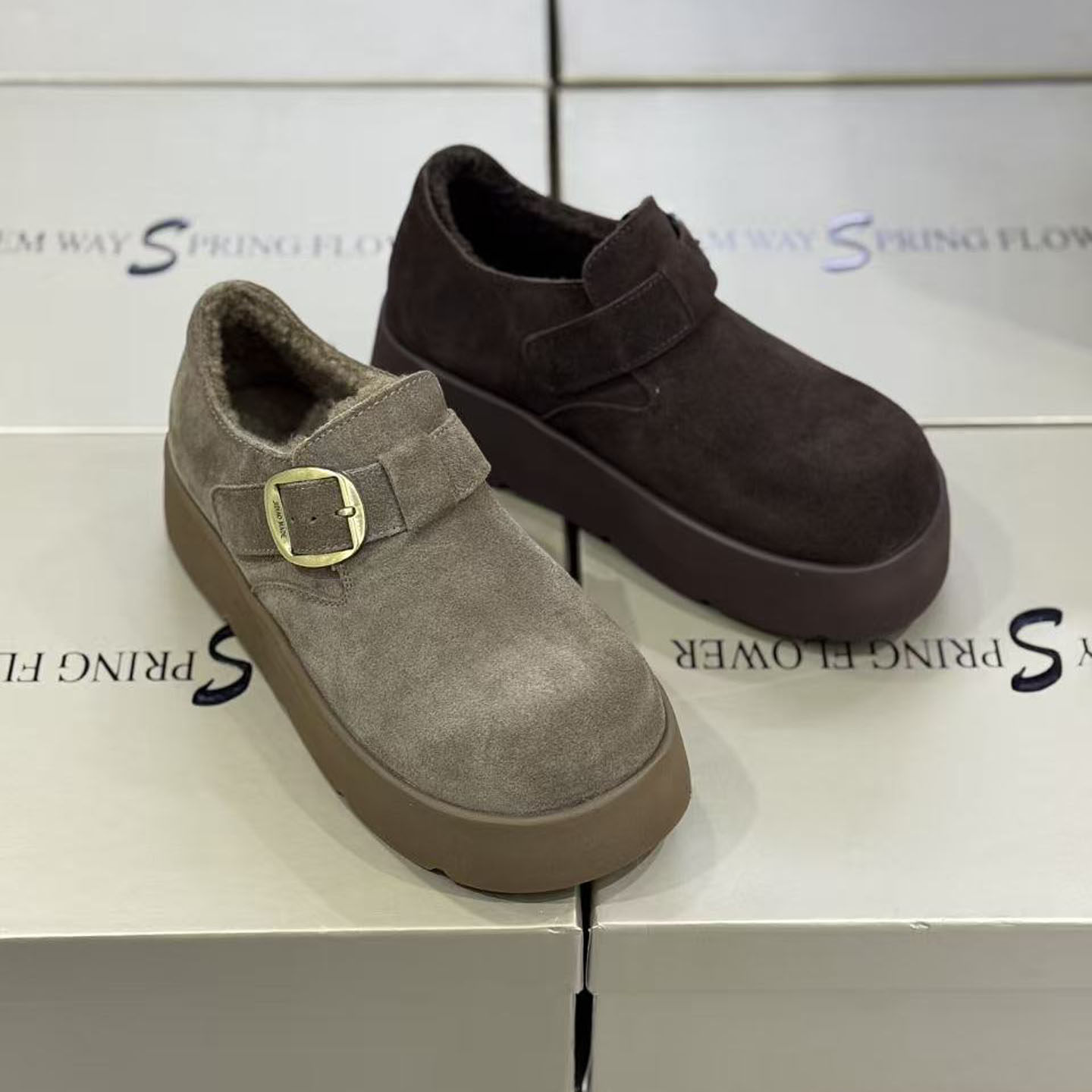 诗路花语加绒真皮厚底女款勃肯鞋