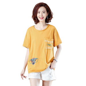 RM5333#夏季新品圆领七分插肩袖卡通字母印花宽松大码T恤女