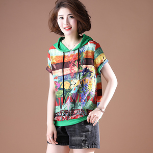 RM5332#大码夏装拼接印花雪纺衫宽松连帽短袖上衣女
