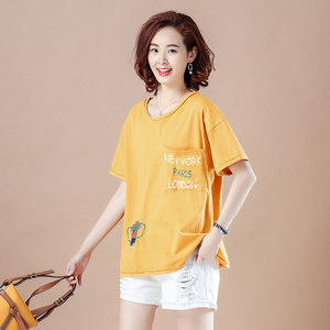 RM5333#夏季新品圆领七分插肩袖卡通字母印花宽松大码T恤女