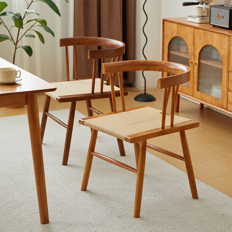 杞居实木藤编日式中古餐椅
