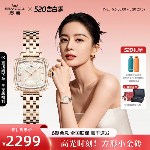 [520礼物]海鸥表女士手表小金砖机械表女款腕表小方表1082L送女友
