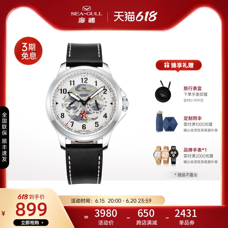 海鸥手表男士多功能机械表时尚潮流防水皮带腕表1010