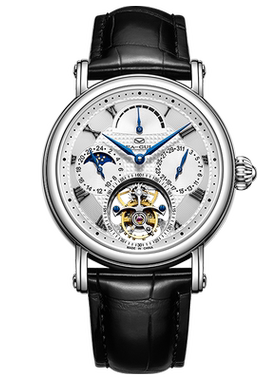 海鸥表偏心轴陀飞轮手表鳄鱼皮表带多功能机械表男士商务男表8836