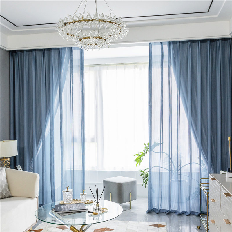 现代客厅高档蓝色鱼骨纹窗纱阳台卧室全遮光窗帘灰色双层北欧简约