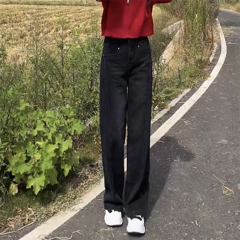 直筒裤长裤加绒牛仔2024秋冬