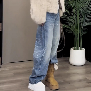 2026年春季新款烫钻牛仔裤女大码显瘦直筒拖地裤遮肉时尚阔腿裤子