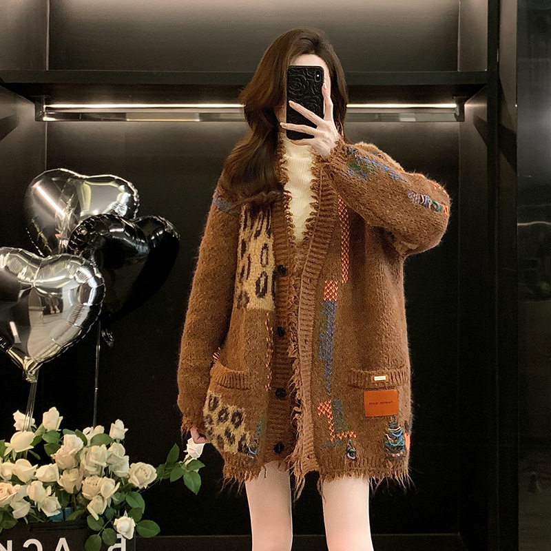 咖啡色豹纹针织开衫55