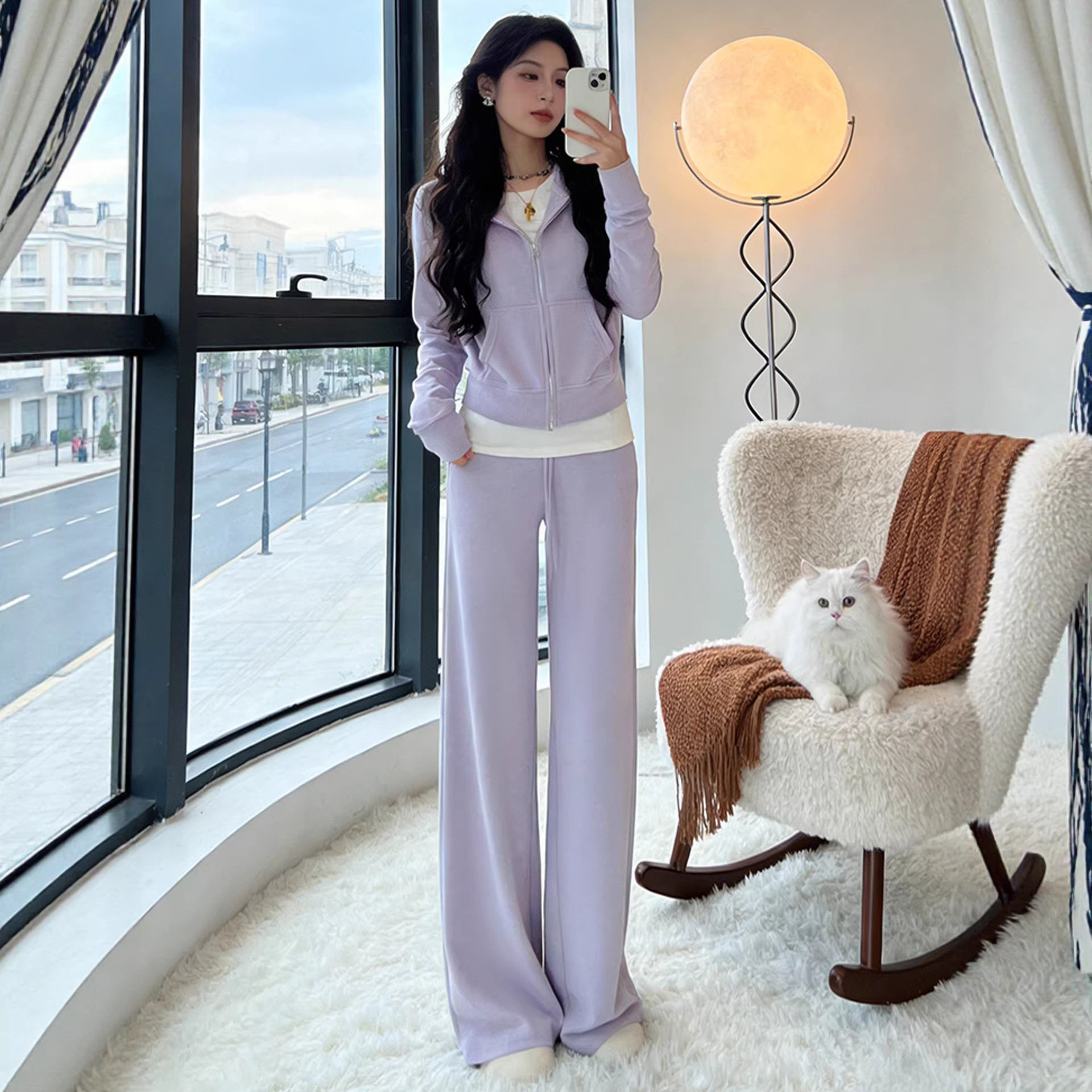 韩系巨好看的春装一整套浅紫色休闲卫衣外套阔腿裤洋气两件套装女,女装/女士精品,时尚套装,淘宝优惠券,粉丝福利购,淘宝优惠卷