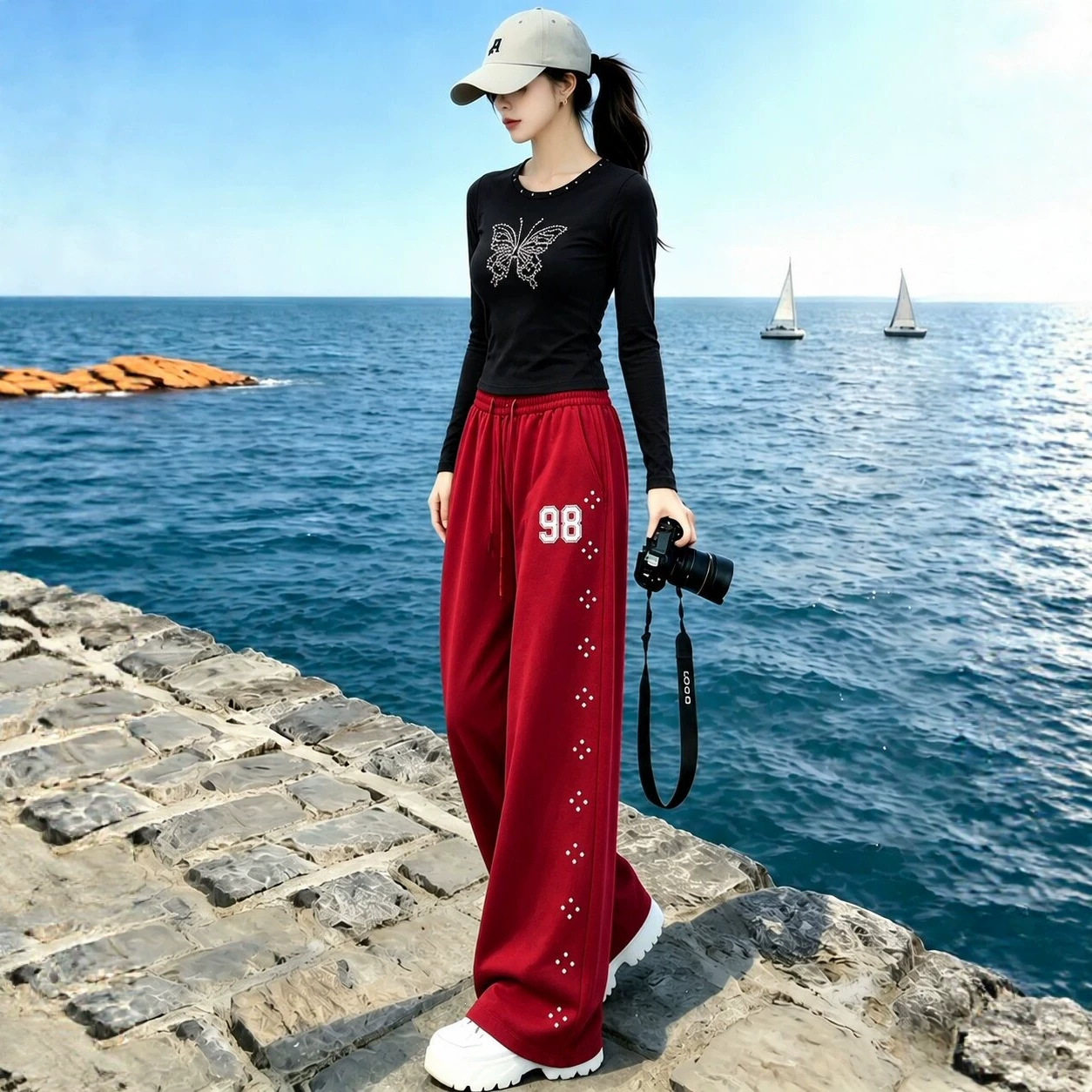 美式嘻哈风休闲运动套装女春秋时尚显瘦重工烫钻上衣阔腿裤两件套