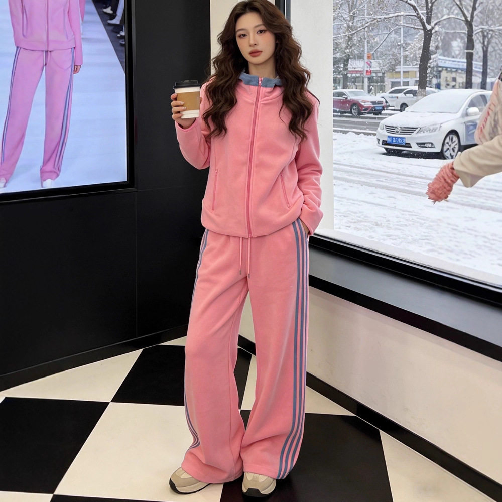 新款韩版时尚百搭显瘦卫衣女设计感小众修身粉色加绒加厚套装,女装/女士精品,时尚套装,淘宝优惠券,粉丝福利购,淘宝优惠卷